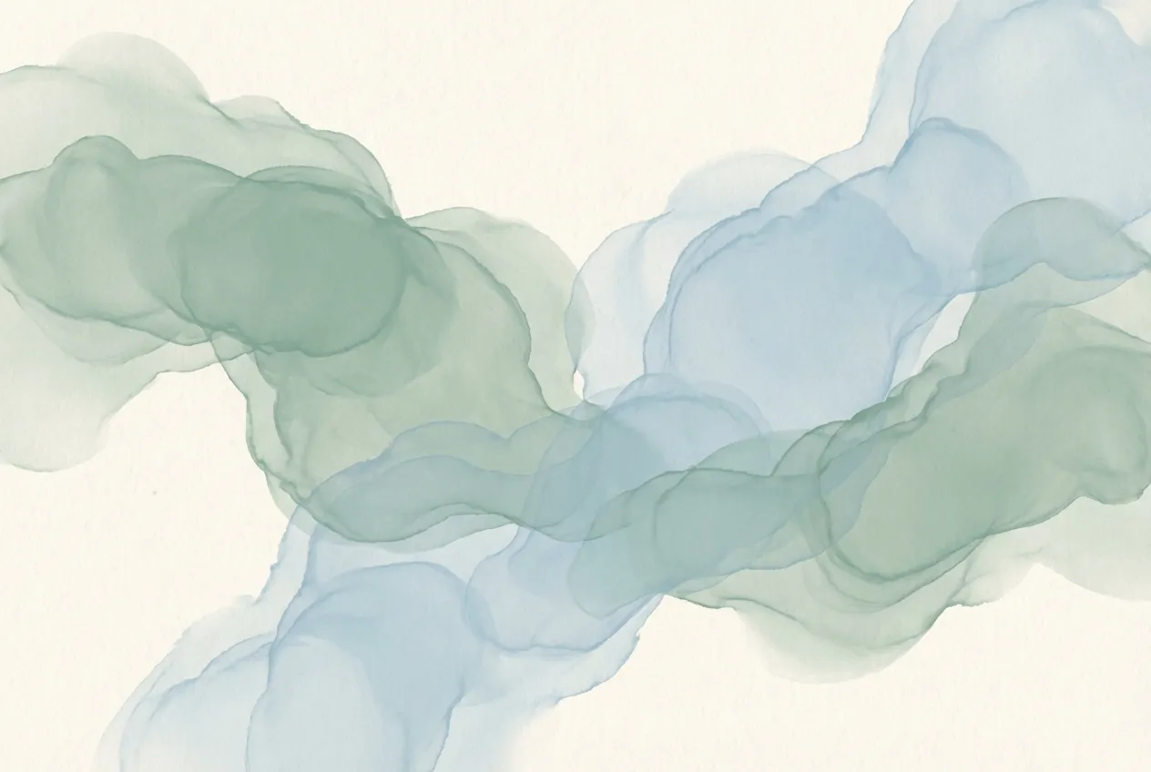 Abstract flowing shapes in sage and blue representing mindfulness and calm